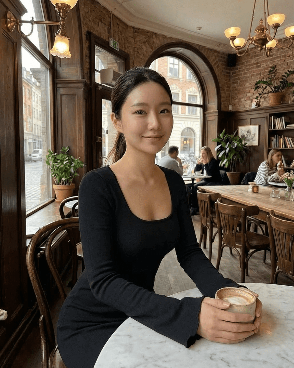 Arlo Maxi Dress worn by a woman in a café, showcasing a chic square neck and sleek silhouette. Perfect for stylish occasions.