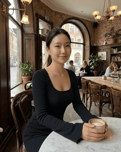 Arlo Maxi Dress worn by a woman in a café, showcasing a chic square neck and sleek silhouette. Perfect for stylish occasions.