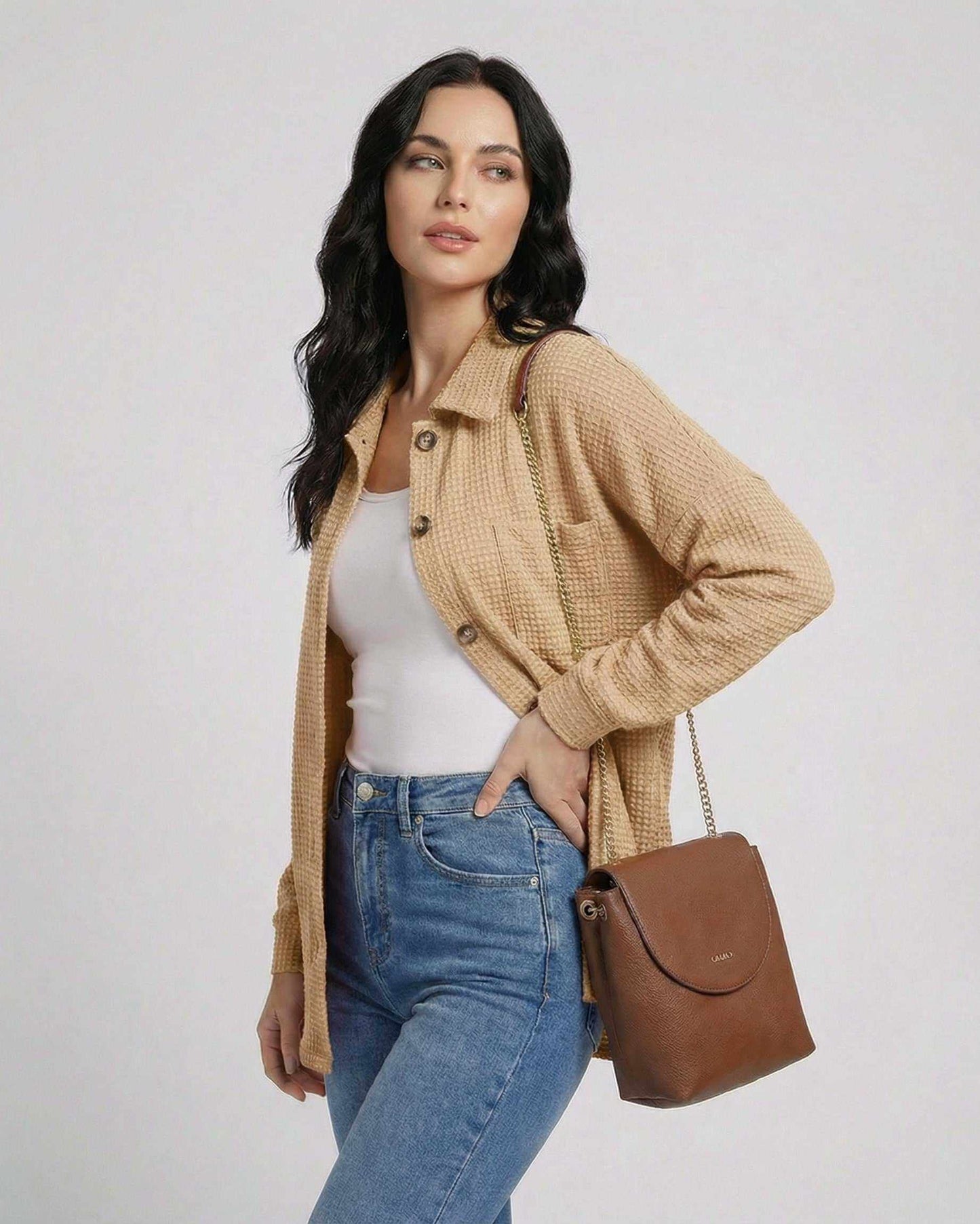 Arlu Jacket in beige waffle knit, stylish women's lightweight outerwear, perfect for modern outfits, by RAMBLION.