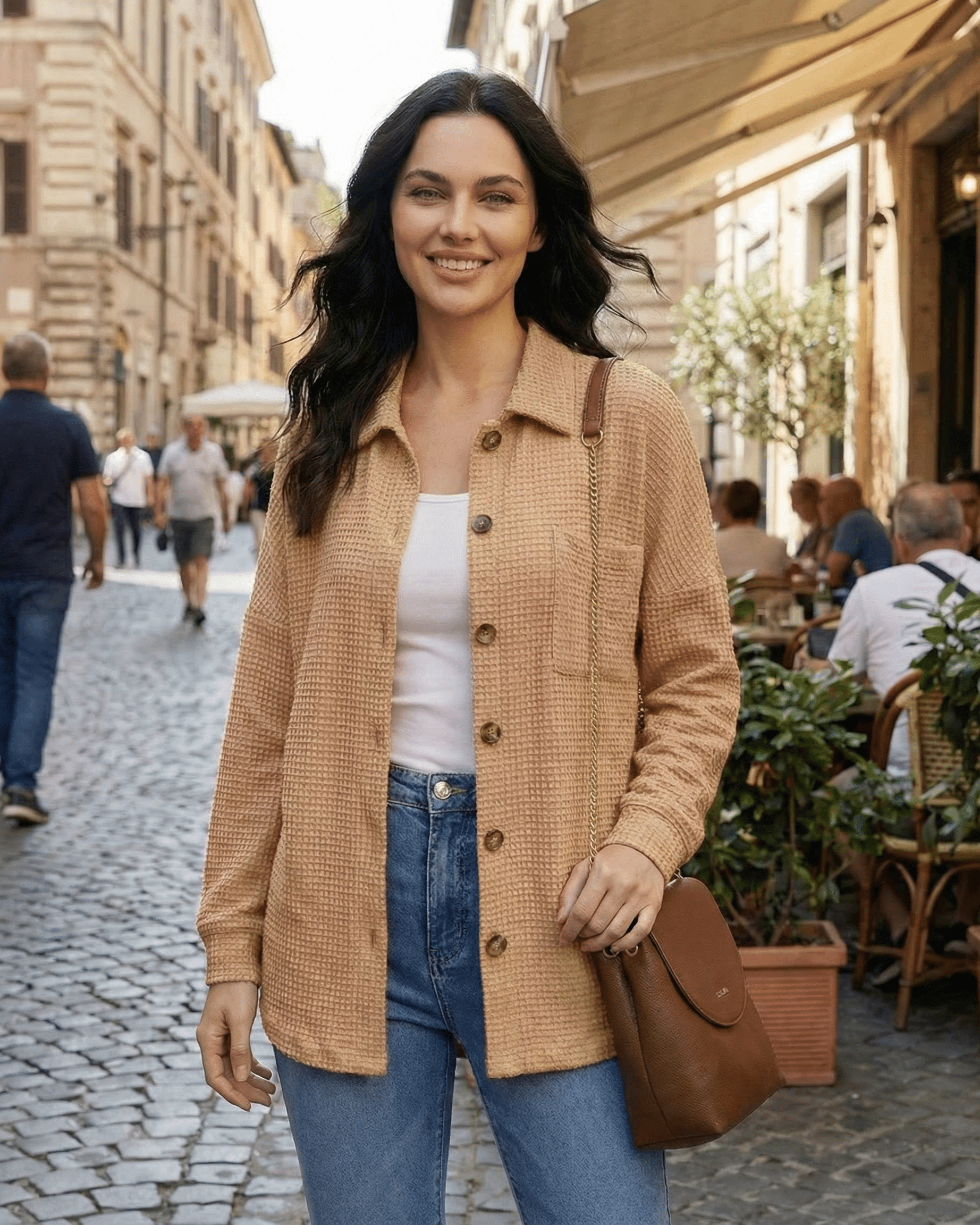 Beige Arlu Jacket by RAMBLION, featuring a waffle knit finish, perfect for casual outings and modern wardrobes.