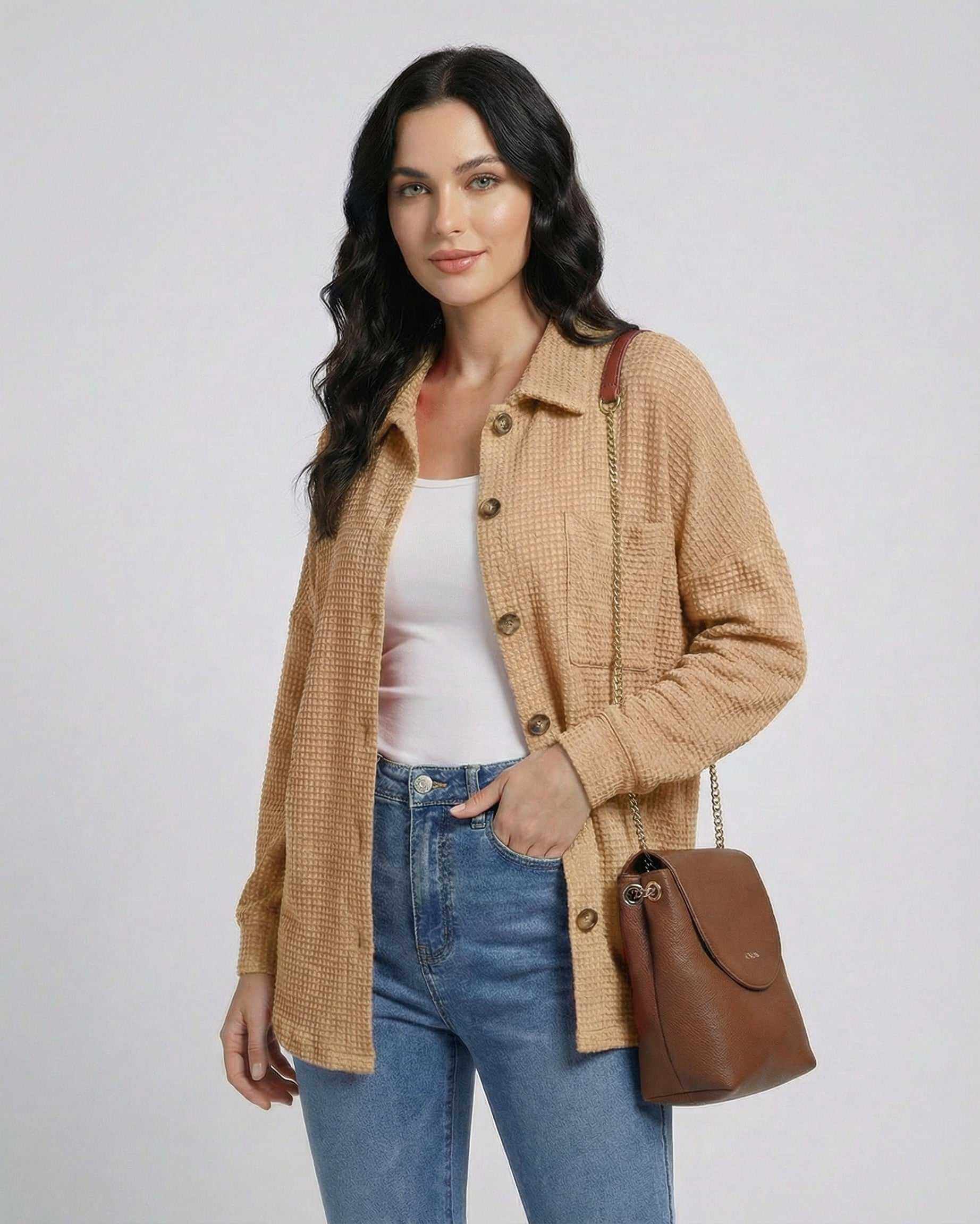Arlu Jacket in beige, lightweight waffle knit, perfect for modern outfits, by RAMBLION, stylish and breathable.