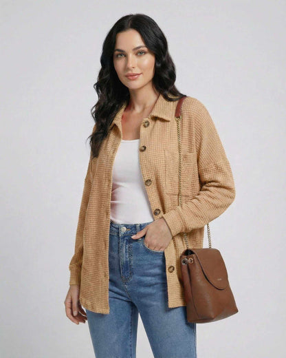 Arlu Jacket in beige, lightweight waffle knit, perfect for modern outfits, by RAMBLION, stylish and breathable.