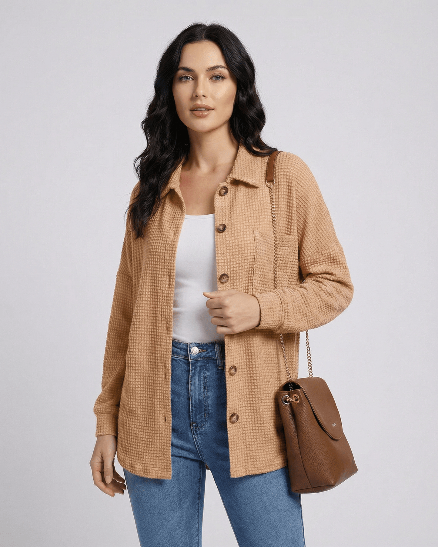 Arlu Jacket by RAMBLION in beige waffle knit, lightweight for warmth, perfect for any casual occasion.