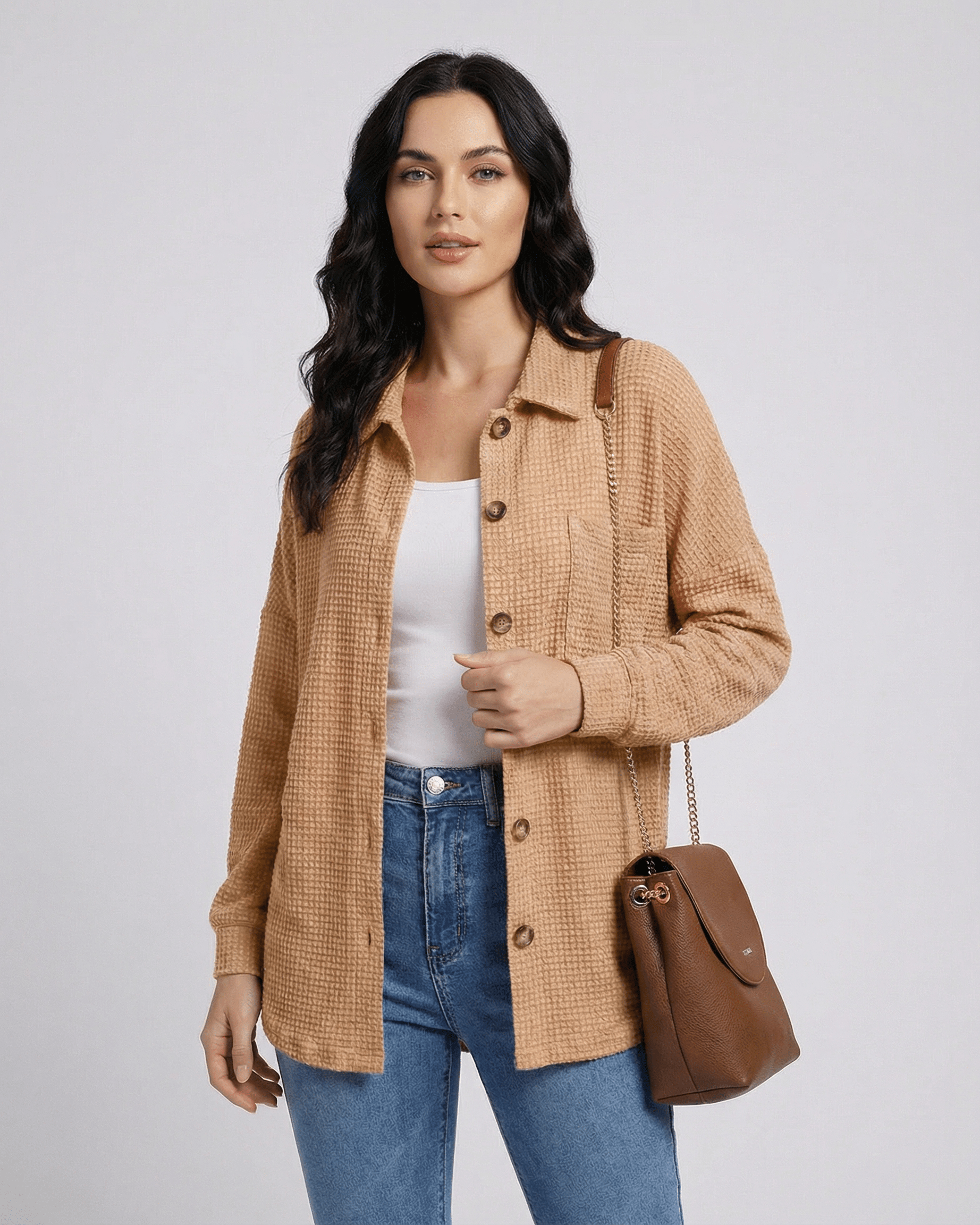 Arlu Jacket by RAMBLION in beige waffle knit, lightweight for warmth, perfect for any casual occasion.