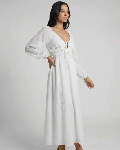 Arma Maxi Dress by RAMBLION, white ankle-length, V neck, lightweight, breathable, perfect for any occasion.