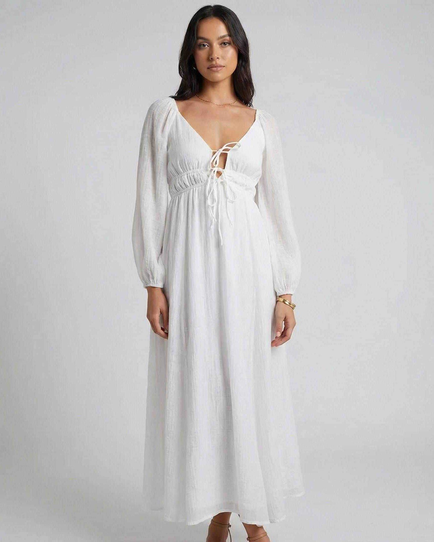 Arma Maxi Dress, white ankle-length dress with V neck, lightweight, elegant feel, perfect for any occasion by RAMBLION.