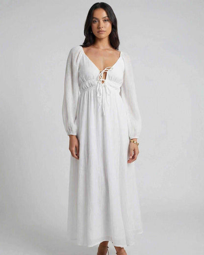 Arma Maxi Dress, white ankle-length dress with V neck, lightweight, elegant feel, perfect for any occasion by RAMBLION.
