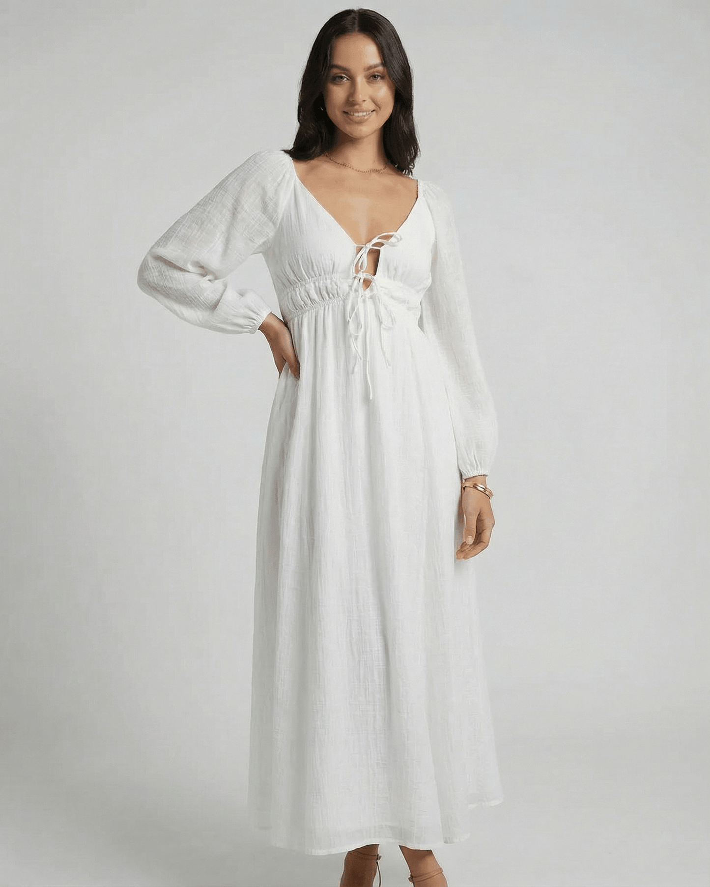 Arma Maxi Dress in white, V-neck, ankle-length, lightweight feel, perfect for any occasion by RAMBLION.