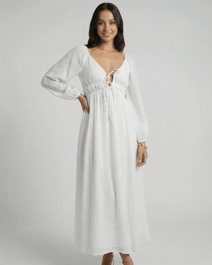 Arma Maxi Dress in white, V-neck, ankle-length, lightweight feel, perfect for any occasion by RAMBLION.