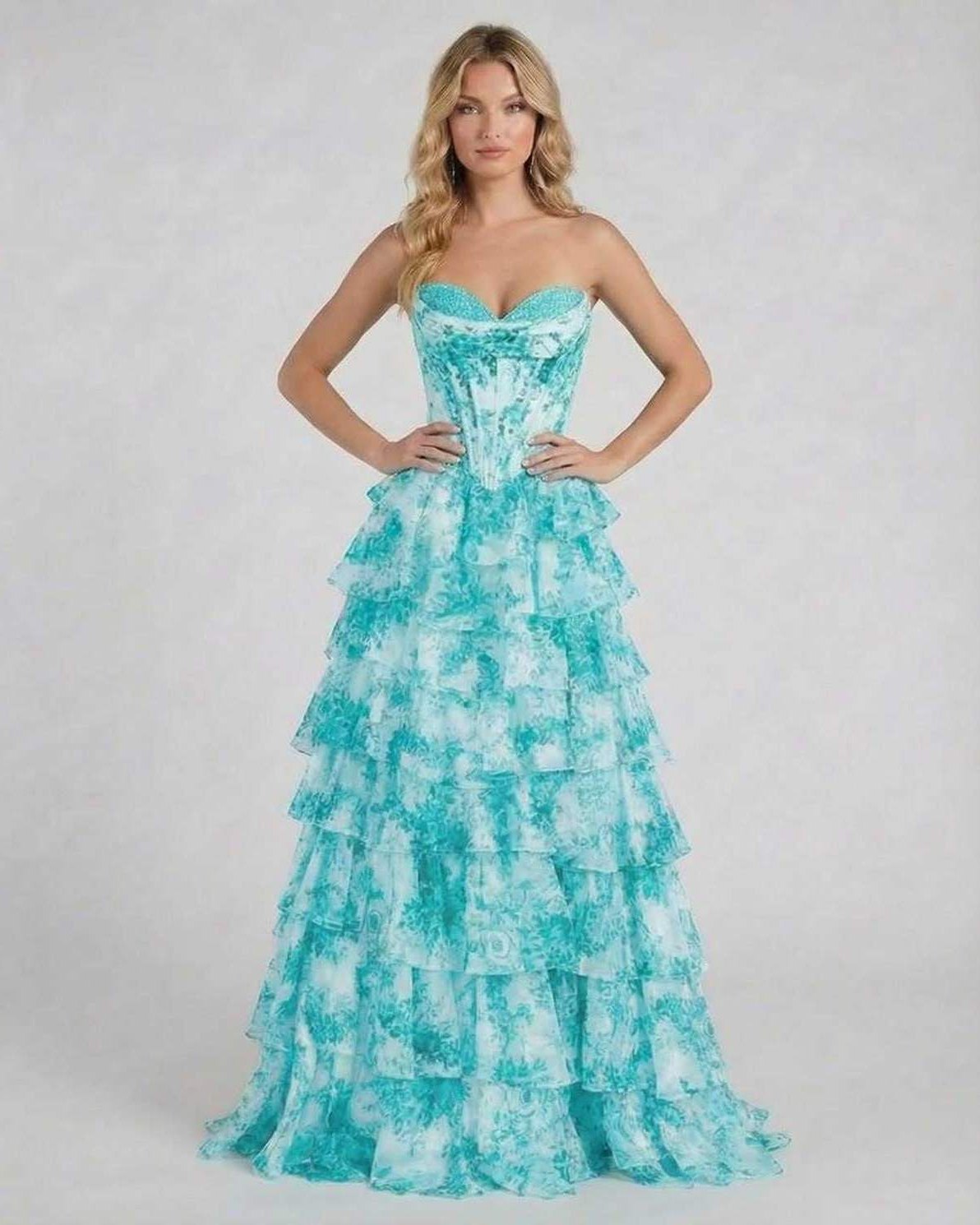 Armi Maxi Dress in turquoise, strapless, tiered design, perfect for special occasions by RAMBLION.
