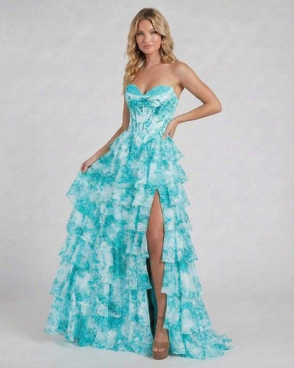 Armi Maxi Dress in turquoise, strapless, tiered satin for elegant occasions by RAMBLION.