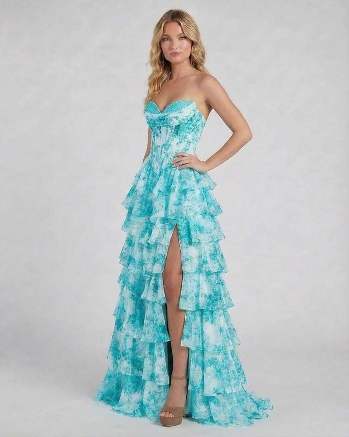 Armi Maxi Dress in blue satin, strapless, tiered silhouette, perfect for special occasions, by RAMBLION.