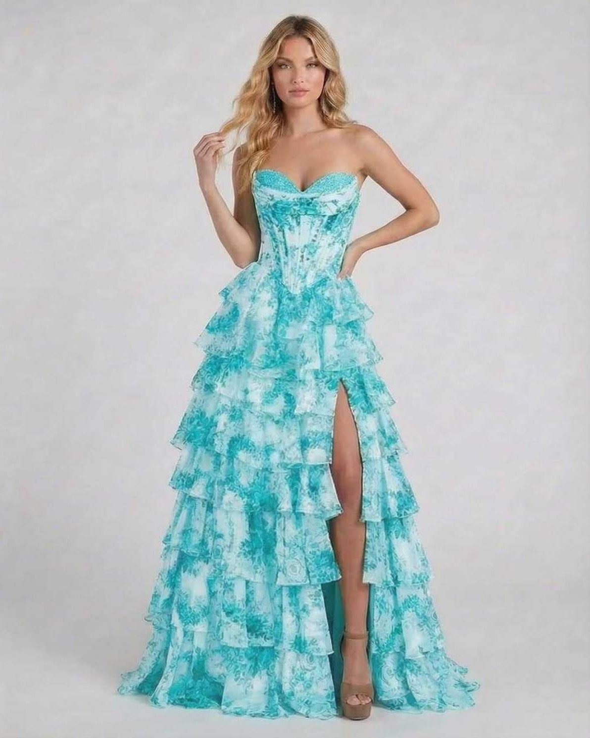 Armi Maxi Dress in turquoise, strapless, tiered silhouette, perfect for special occasions, by RAMBLION.