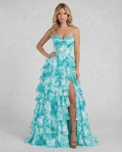 Armi Maxi Dress in turquoise satin, strapless, tiered design for elegant occasions by RAMBLION.