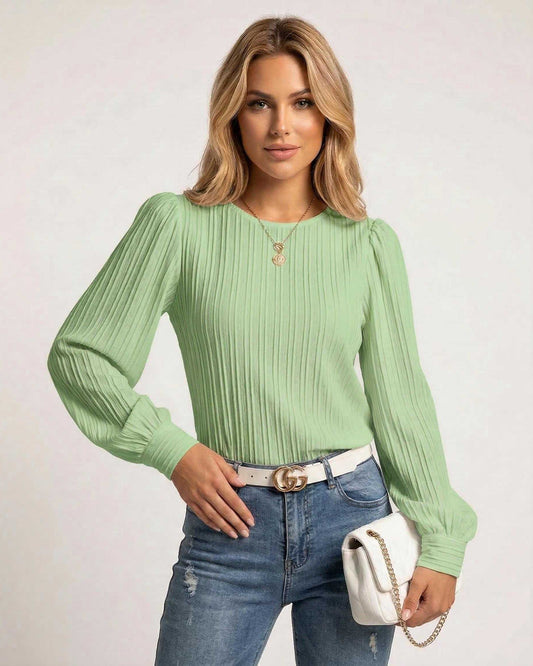 Armo Blouse in vibrant green with vertical pleats, lightweight fabric, and long bishop sleeves for casual occasions by RAMBLION.