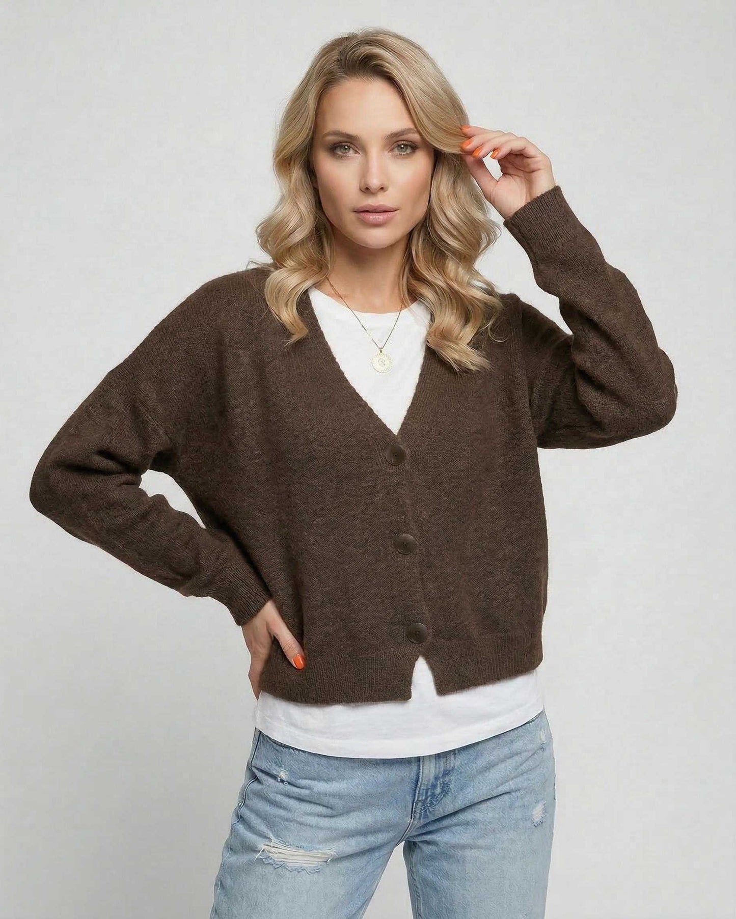 Brown Cardigan, front view | Ramblion | SKU: TC-827361945-brown-L-4940,TC-827361945-brown-M-2443,TC-827361945-brown-S-2471,TC-827361945-brown-XL-4582,TC-827361945-brown-XS-5385