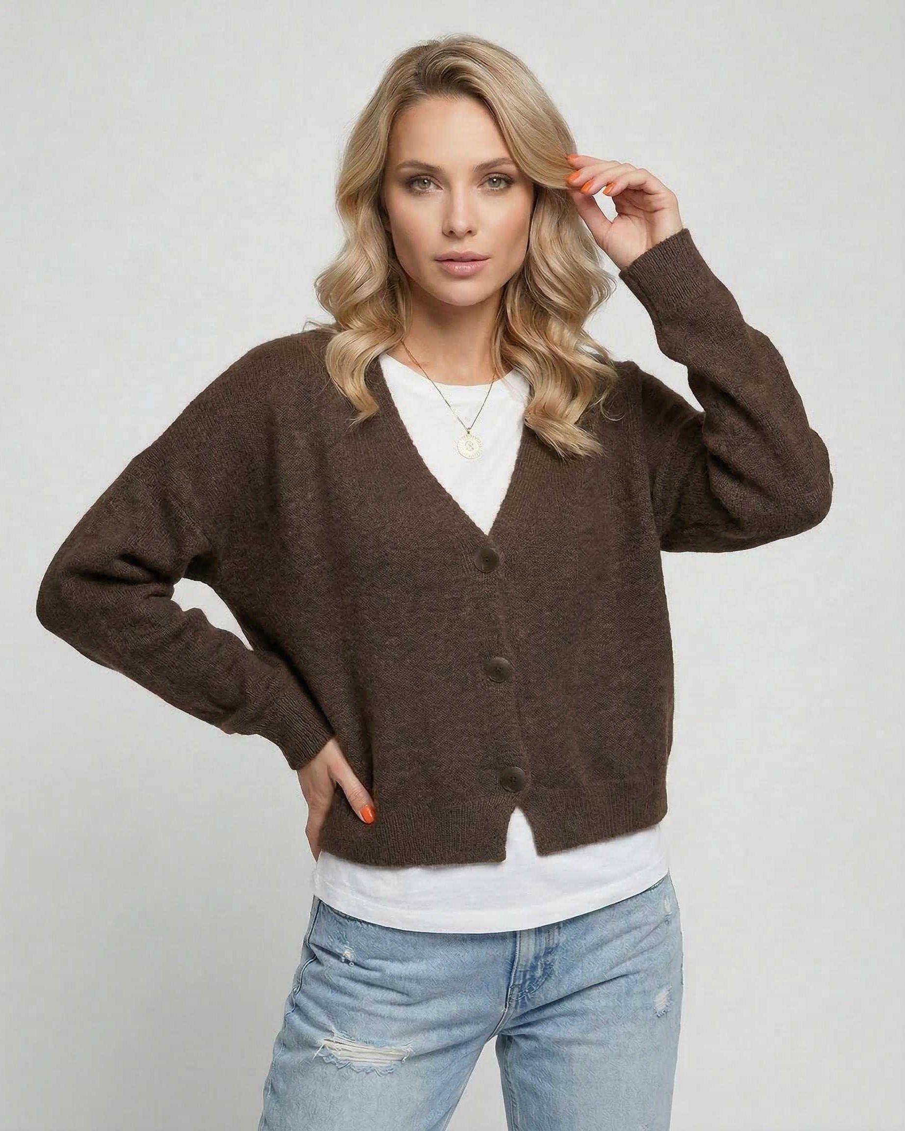 Brown Cardigan, front view | Ramblion | SKU: TC-827361945-brown-L-4940,TC-827361945-brown-M-2443,TC-827361945-brown-S-2471,TC-827361945-brown-XL-4582,TC-827361945-brown-XS-5385