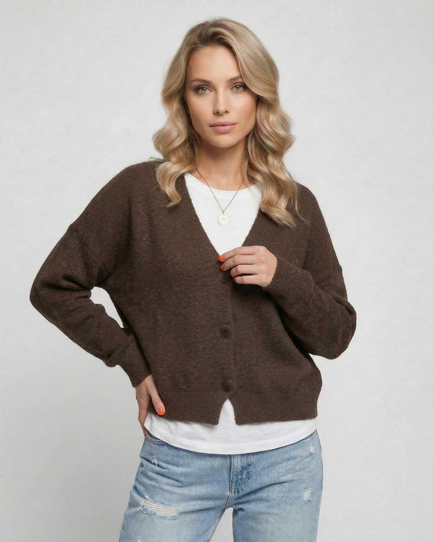 Brown Cardigan, front view | Ramblion | SKU: TC-827361945-brown-L-4940,TC-827361945-brown-M-2443,TC-827361945-brown-S-2471,TC-827361945-brown-XL-4582,TC-827361945-brown-XS-5385