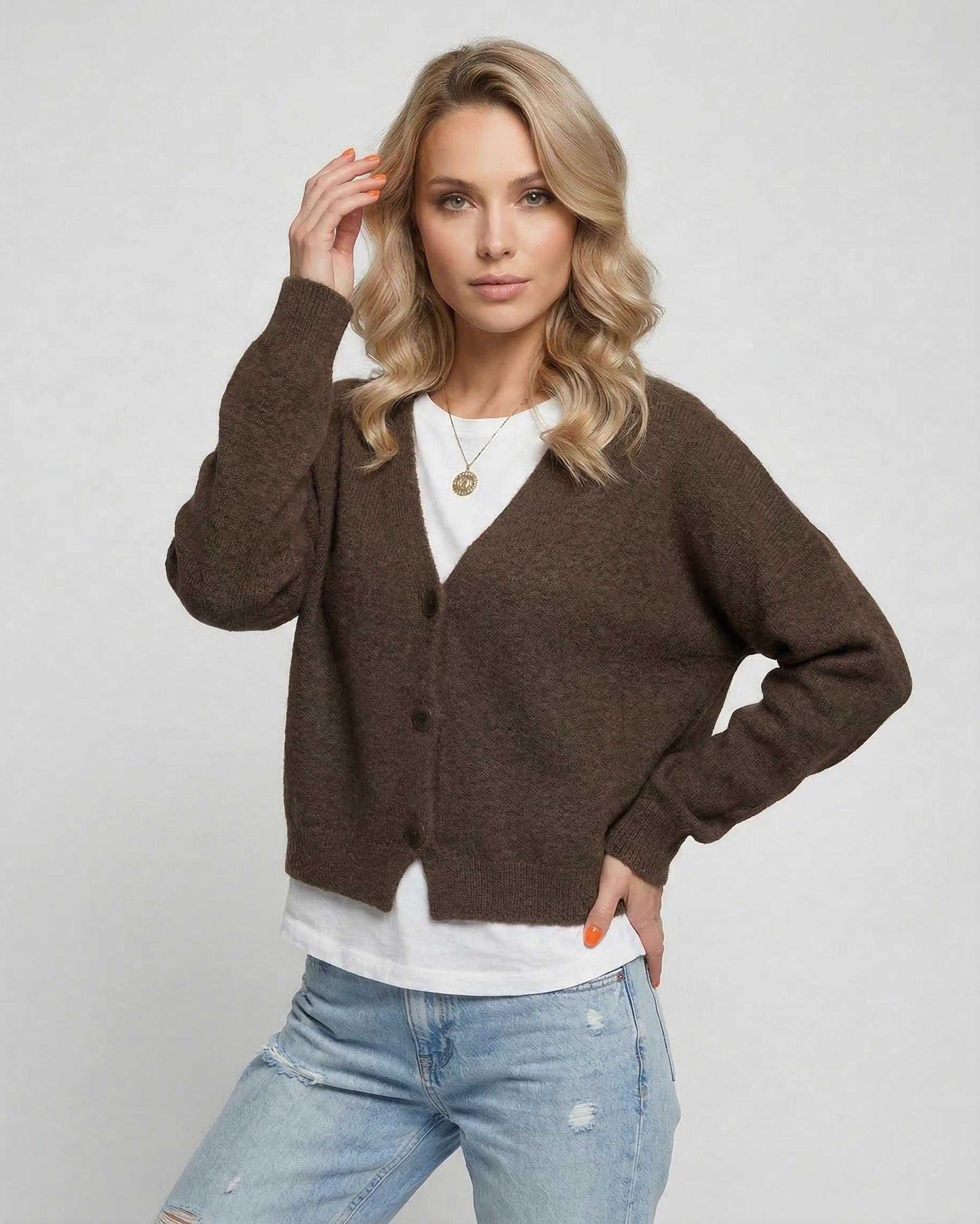 Brown Cardigan, front view | Ramblion | SKU: TC-827361945-brown-L-4940,TC-827361945-brown-M-2443,TC-827361945-brown-S-2471,TC-827361945-brown-XL-4582,TC-827361945-brown-XS-5385