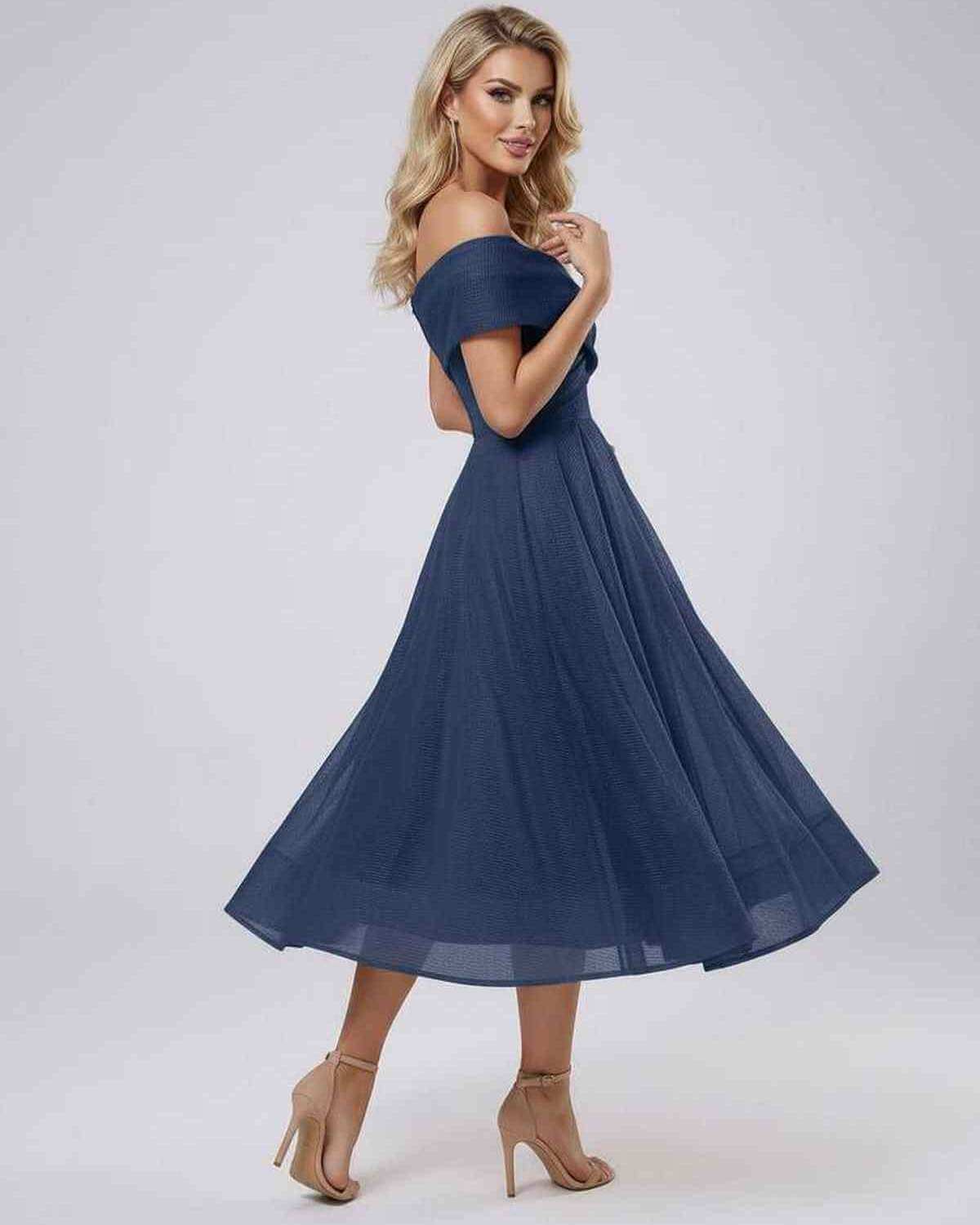 Armo Midi Dress in navy with off-shoulder design, pleated skirt, perfect for elegant occasions by RAMBLION.