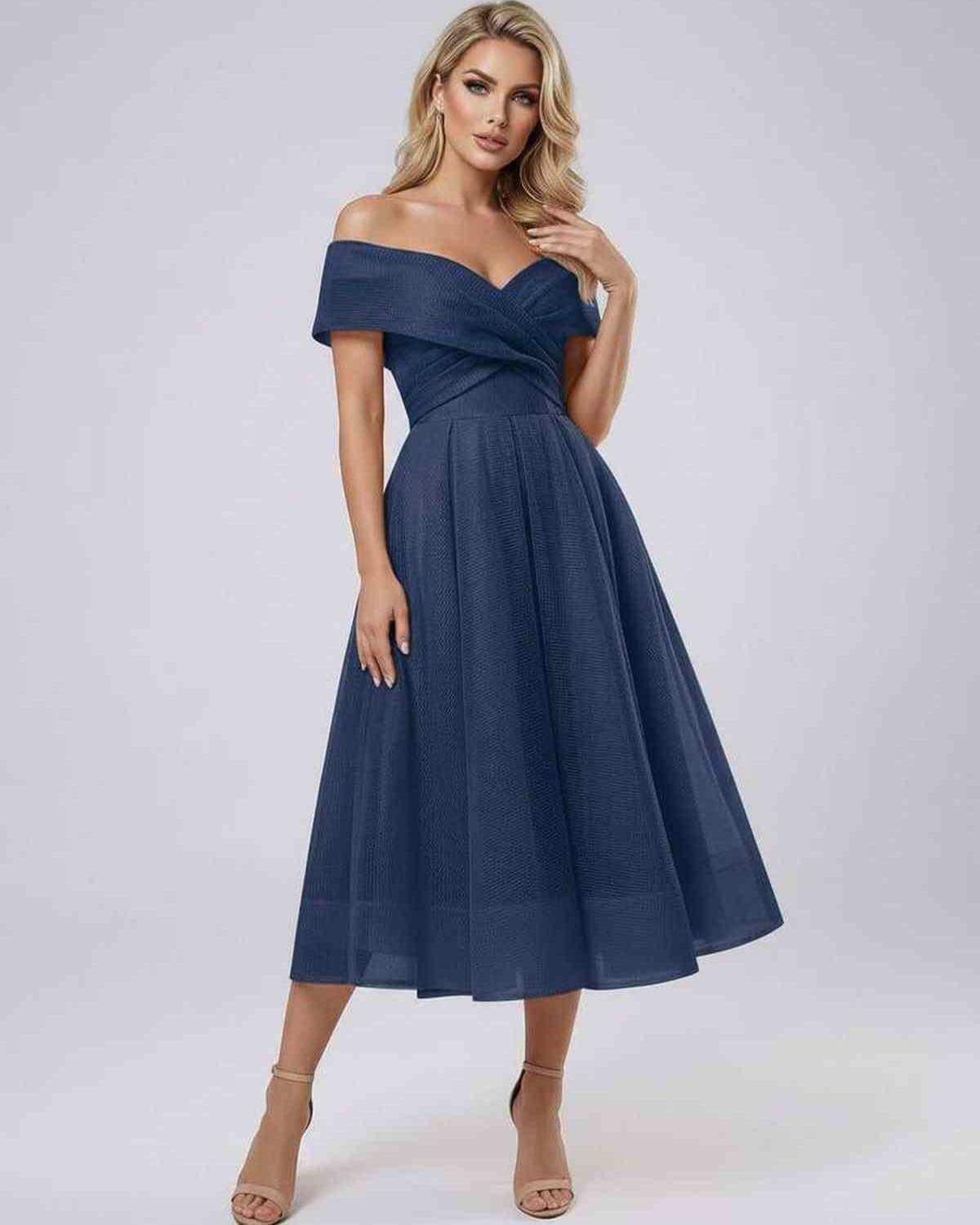 Armo Midi Dress in navy, featuring off-shoulder design, sweetheart neckline, and flowing skirt by RAMBLION.