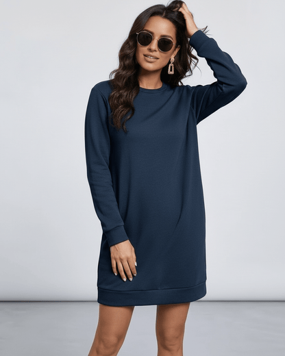 Armo Mini Dress in navy, 100% cotton, round neck, casual elegance, perfect for everyday wear by RAMBLION.