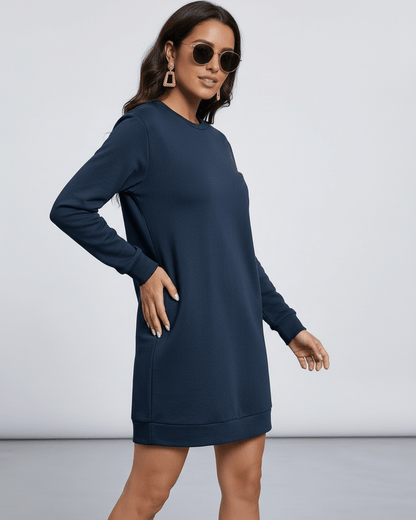 Armo Mini Dress in navy, 100% cotton, round neck, casual wear by RAMBLION for stylish comfort.