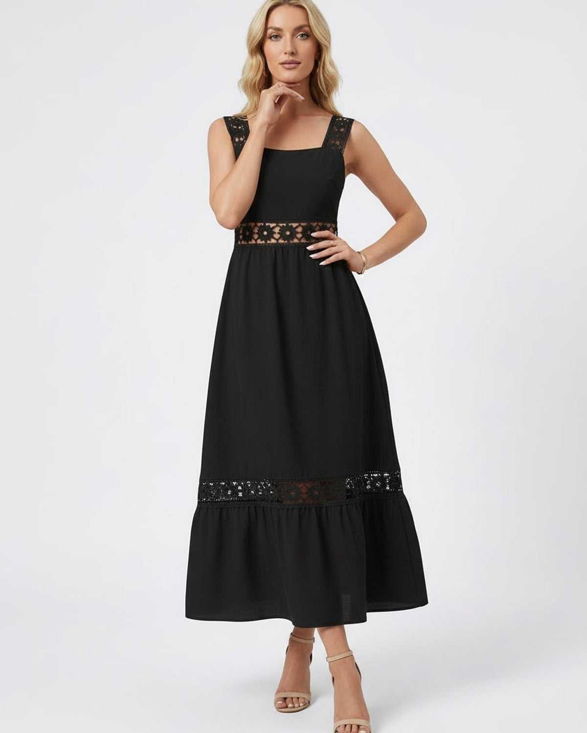 Asha Midi Dress by RAMBLION, black midi-length with lace insets, perfect for spring and summer elegance.
