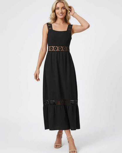 Asha Midi Dress - Black midi-length dress with lace insets, perfect for spring/summer occasions by RAMBLION.
