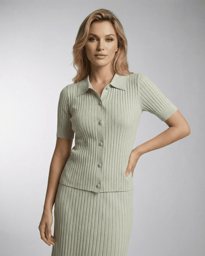 Asha Polo green mini dress by RAMBLION, 100% cotton, round neck, breathable fabric, modern ribbed design for casual outings.