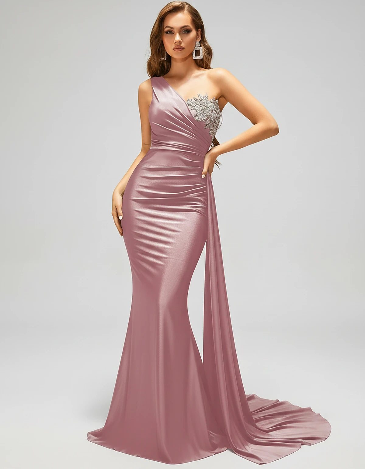 Satin Sleeveless One-Shoulder Mermaid Maxi Dress for Party, Cocktail, Evening, Wedding Guest, Bridesmaid & Summer Events, fro