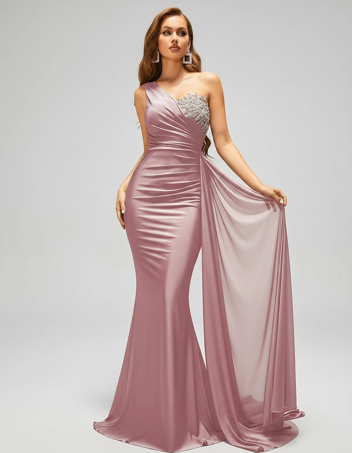 Satin Sleeveless One-Shoulder Mermaid Maxi Dress for Party, Cocktail, Evening, Wedding Guest, Bridesmaid & Summer Events, fro