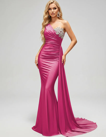 Satin Sleeveless One-Shoulder Mermaid Maxi Dress for Party, Cocktail, Evening, Wedding Guest, Bridesmaid & Summer Events, fro