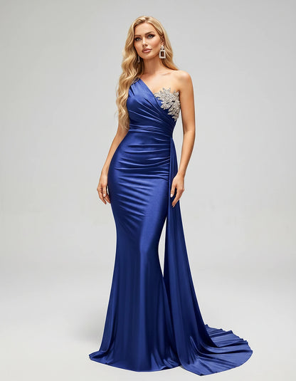 Satin Sleeveless One-Shoulder Mermaid Maxi Dress for Party, Cocktail, Evening, Wedding Guest, Bridesmaid & Summer Events, fro