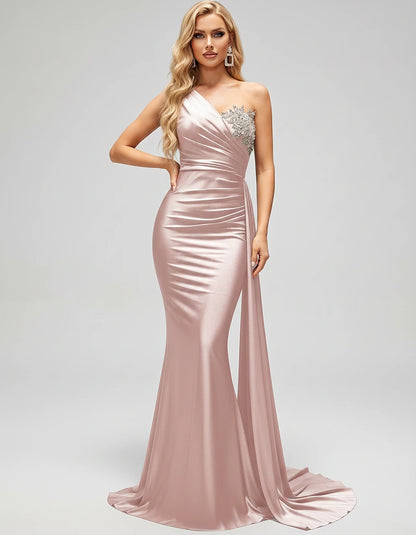 Satin Sleeveless One-Shoulder Mermaid Maxi Dress for Party, Cocktail, Evening, Wedding Guest, Bridesmaid & Summer Events, fro