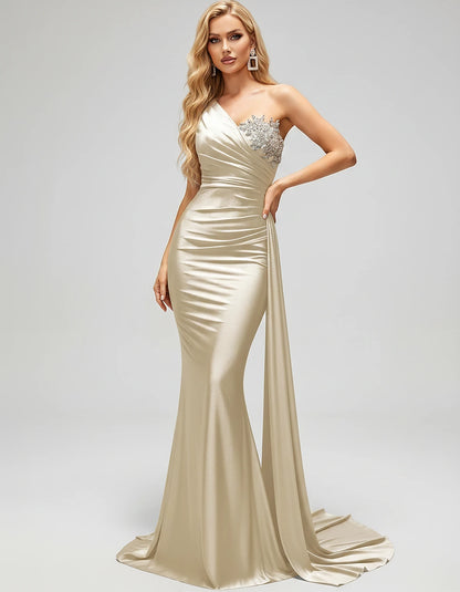 Satin Sleeveless One-Shoulder Mermaid Maxi Dress for Party, Cocktail, Evening, Wedding Guest, Bridesmaid & Summer Events, fro