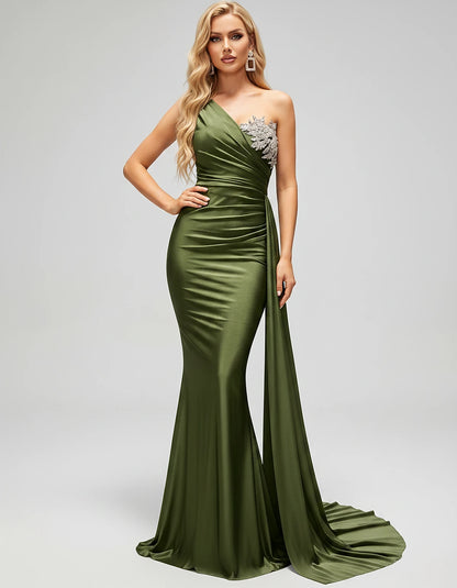 Satin Sleeveless One-Shoulder Mermaid Maxi Dress for Party, Cocktail, Evening, Wedding Guest, Bridesmaid & Summer Events, fro