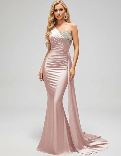 Satin Sleeveless One-Shoulder Mermaid Maxi Dress for Party, Cocktail, Evening, Wedding Guest, Bridesmaid & Summer Events, fro