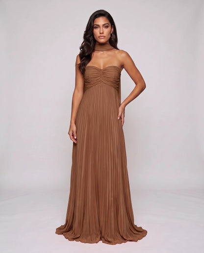 Chiffon Strapless Sweetheart Neckline A-Line Maxi Dress with Scarf for Party, Cocktail, Evening, Wedding Guest & Summer Event | SKU: AMD-584729163847251-BROWN-L,AMD-584729163847251-BROWN-M,AMD-584729163847251-BROWN-S,AMD-584729163847251-BROWN-XL,AMD-584729163847251-BROWN-XS