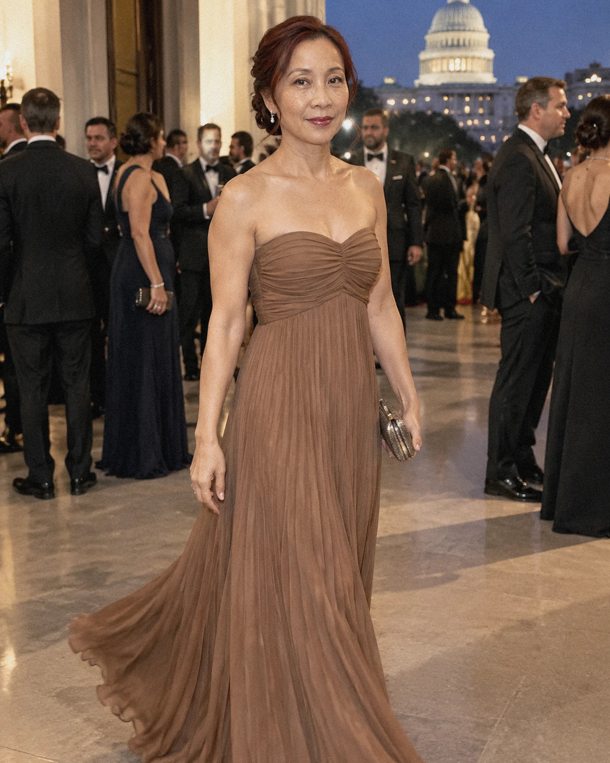 Chiffon Strapless Sweetheart Neckline A-Line Maxi Dress with Scarf for Party, Cocktail, Evening, Wedding Guest & Summer Event | SKU: AMD-584729163847251-BROWN-L,AMD-584729163847251-BROWN-M,AMD-584729163847251-BROWN-S,AMD-584729163847251-BROWN-XL,AMD-584729163847251-BROWN-XS