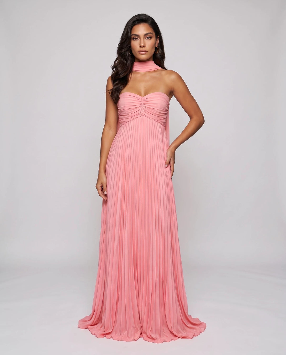 Chiffon Strapless Sweetheart Neckline A-Line Maxi Dress with Scarf for Party, Cocktail, Evening, Wedding Guest & Summer Event | SKU: AMD-584729163847251-CORAL-L,AMD-584729163847251-CORAL-M,AMD-584729163847251-CORAL-S,AMD-584729163847251-CORAL-XL,AMD-584729163847251-CORAL-XS