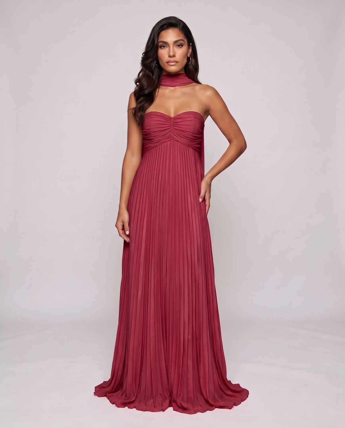 Chiffon Strapless Sweetheart Neckline A-Line Maxi Dress with Scarf for Party, Cocktail, Evening, Wedding Guest & Summer Event | SKU: AMD-584729163847251-WINE-L,AMD-584729163847251-WINE-M,AMD-584729163847251-WINE-S,AMD-584729163847251-WINE-XL,AMD-584729163847251-WINE-XS