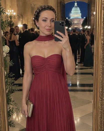 Chiffon Strapless Sweetheart Neckline A-Line Maxi Dress with Scarf for Party, Cocktail, Evening, Wedding Guest & Summer Event | SKU: AMD-584729163847251-WINE-L,AMD-584729163847251-WINE-M,AMD-584729163847251-WINE-S,AMD-584729163847251-WINE-XL,AMD-584729163847251-WINE-XS