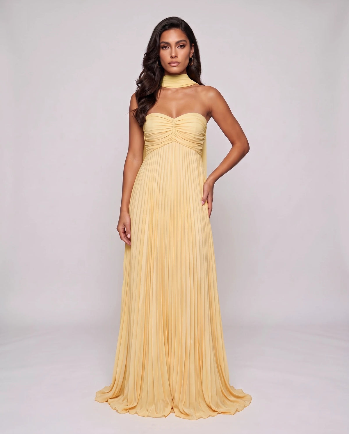 Chiffon Strapless Sweetheart Neckline A-Line Maxi Dress with Scarf for Party, Cocktail, Evening, Wedding Guest & Summer Event | SKU: AMD-584729163847251-YELLOW-L,AMD-584729163847251-YELLOW-M,AMD-584729163847251-YELLOW-S,AMD-584729163847251-YELLOW-XL,AMD-584729163847251-YELLOW-XS