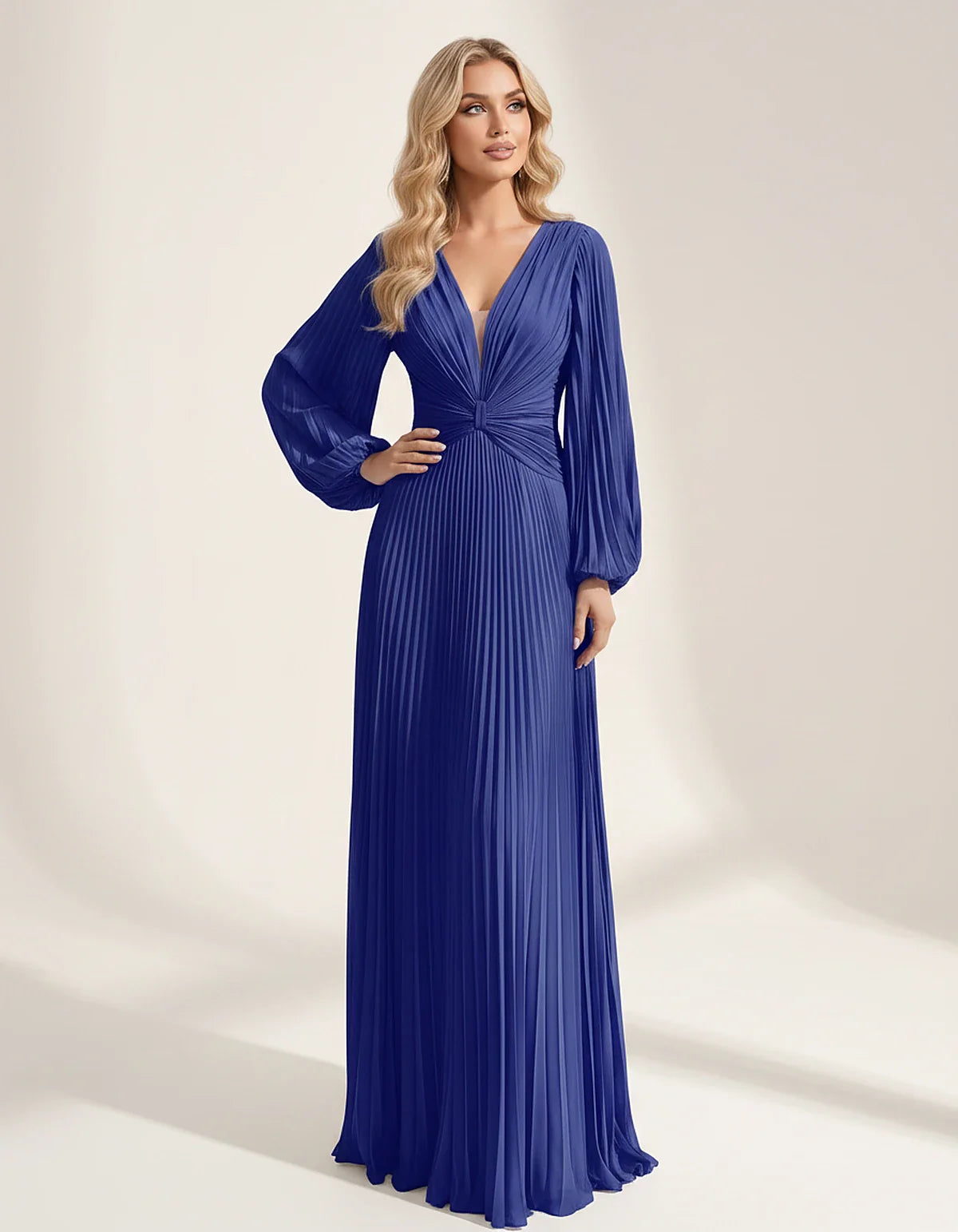 Pleated Chiffon Long Sleeve Deep V-Neck A-Line Maxi Dress for Party, Cocktail, Evening, Wedding Guest & Summer Events, front | SKU: AMD-583917462850174-ROYALBLUE-L,AMD-583917462850174-ROYALBLUE-M,AMD-583917462850174-ROYALBLUE-S,AMD-583917462850174-ROYALBLUE-XL,AMD-583917462850174-ROYALBLUE-XS