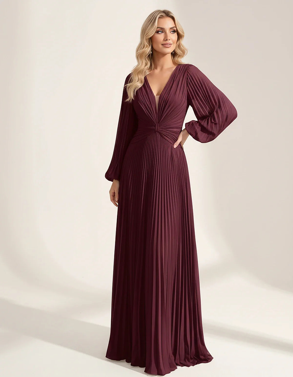 Pleated Chiffon Long Sleeve Deep V-Neck A-Line Maxi Dress for Party, Cocktail, Evening, Wedding Guest & Summer Events, front | SKU: AMD-583917462850174-BURGUNDY-L,AMD-583917462850174-BURGUNDY-M,AMD-583917462850174-BURGUNDY-S,AMD-583917462850174-BURGUNDY-XL,AMD-583917462850174-BURGUNDY-XS