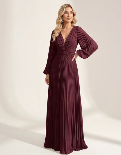 Pleated Chiffon Long Sleeve Deep V-Neck A-Line Maxi Dress for Party, Cocktail, Evening, Wedding Guest & Summer Events, front | SKU: AMD-583917462850174-BURGUNDY-L,AMD-583917462850174-BURGUNDY-M,AMD-583917462850174-BURGUNDY-S,AMD-583917462850174-BURGUNDY-XL,AMD-583917462850174-BURGUNDY-XS
