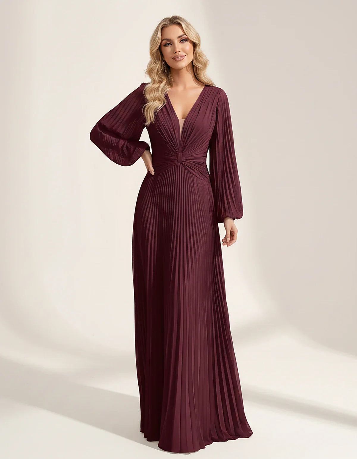 Pleated Chiffon Long Sleeve Deep V-Neck A-Line Maxi Dress for Party, Cocktail, Evening, Wedding Guest & Summer Events, front | SKU: AMD-583917462850174-BURGUNDY-L,AMD-583917462850174-BURGUNDY-M,AMD-583917462850174-BURGUNDY-S,AMD-583917462850174-BURGUNDY-XL,AMD-583917462850174-BURGUNDY-XS