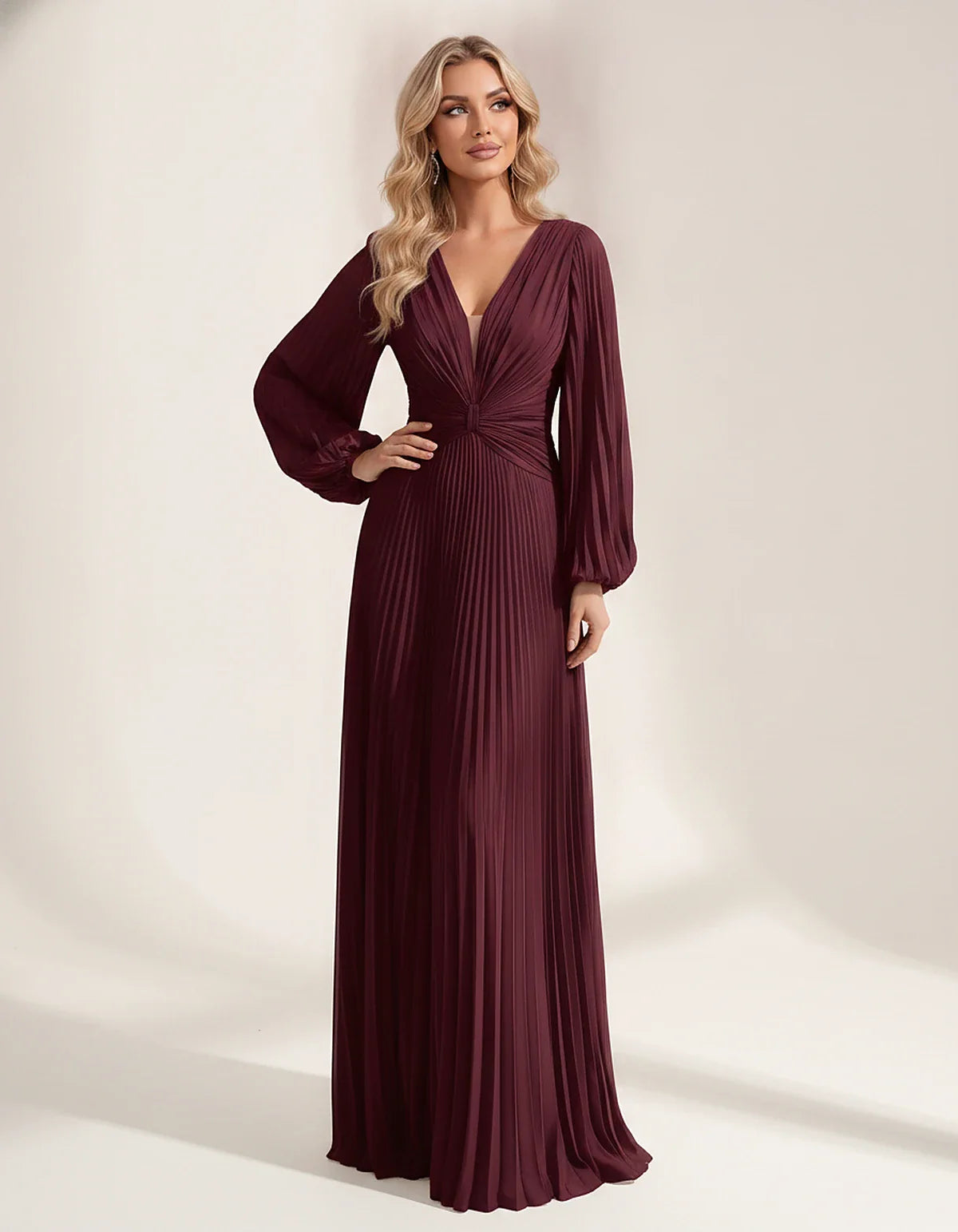 Pleated Chiffon Long Sleeve Deep V-Neck A-Line Maxi Dress for Party, Cocktail, Evening, Wedding Guest & Summer Events, front | SKU: AMD-583917462850174-BURGUNDY-L,AMD-583917462850174-BURGUNDY-M,AMD-583917462850174-BURGUNDY-S,AMD-583917462850174-BURGUNDY-XL,AMD-583917462850174-BURGUNDY-XS