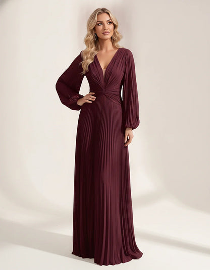 Pleated Chiffon Long Sleeve Deep V-Neck A-Line Maxi Dress for Party, Cocktail, Evening, Wedding Guest & Summer Events, front | SKU: AMD-583917462850174-BURGUNDY-L,AMD-583917462850174-BURGUNDY-M,AMD-583917462850174-BURGUNDY-S,AMD-583917462850174-BURGUNDY-XL,AMD-583917462850174-BURGUNDY-XS